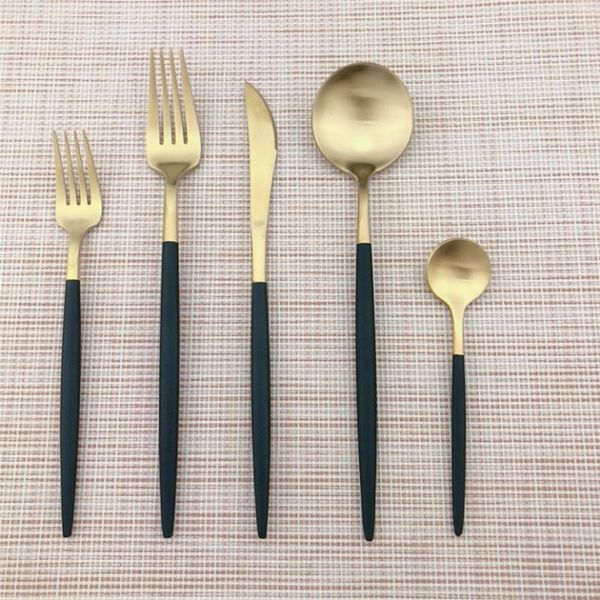 

dinnerware sets black white pink golden stainless steel flatware cutlery set dinner knives dessert salad forks round scoops 5pcs