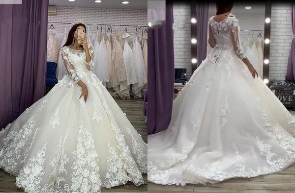 

glamourous 3d floral flowers lace ball gown wedding dresses off the shoulder with 3/4 illusion sleeves reception dress bridal gowns, White