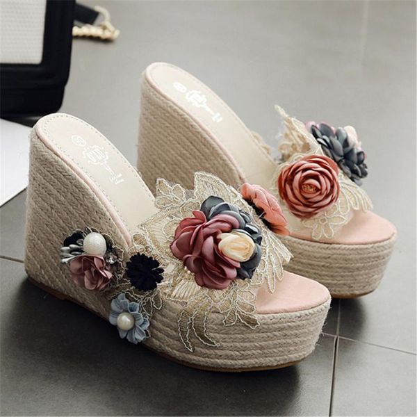 

slippers 2021 women flower wedges fringe black sandals weaving rope slides 12cm high heels 5cm platform pearl pink beach shoes