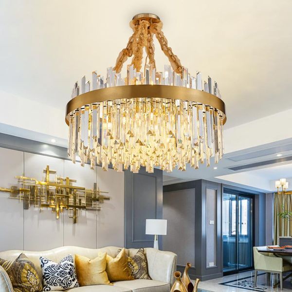 

luxury crystal light chandelier living dining room chain lighting fixtures round brushed gold led cristal lustre chandeliers