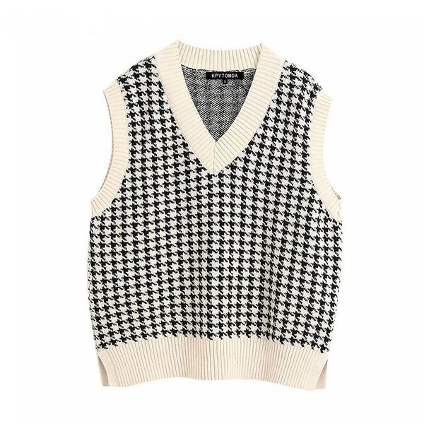 

women's vests women fashion knitted vest sweater v neck sleeveless side vents loose female waistcoat chic oversized winter clothes, Black;white