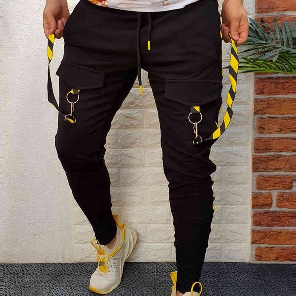 

men's pants spring autumn men streetwear casual sports color matching hip hop fitness foot zipper stitching trousers, Black