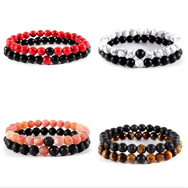 

charm bracelets 2 pcs/set classic couple stone bead bracelet men handmade fashion 6&8mm round for jewelry gift, Golden;silver