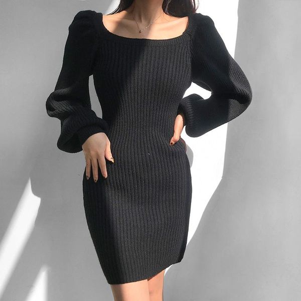 

casual dresses office lady pure knitting full sleeve square collar slim women's ribbed stretchy bodycon midi dress, Black;gray