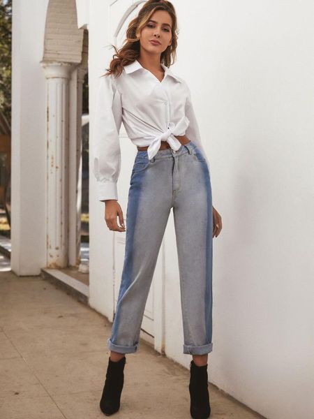 

women's jeans casual fashion trousers loose high waist women gradient color retro, Blue