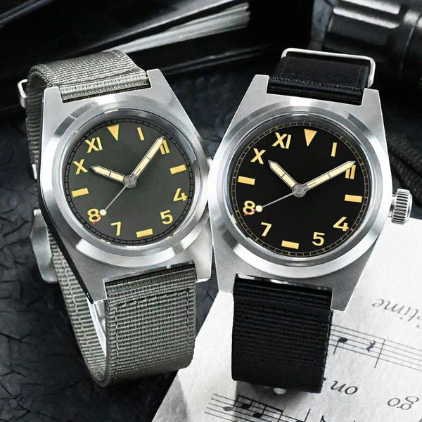 

wristwatches san martin watch nh35 vintage military sapphire mechanical nato strap 20bar luminous automatic, Slivery;brown