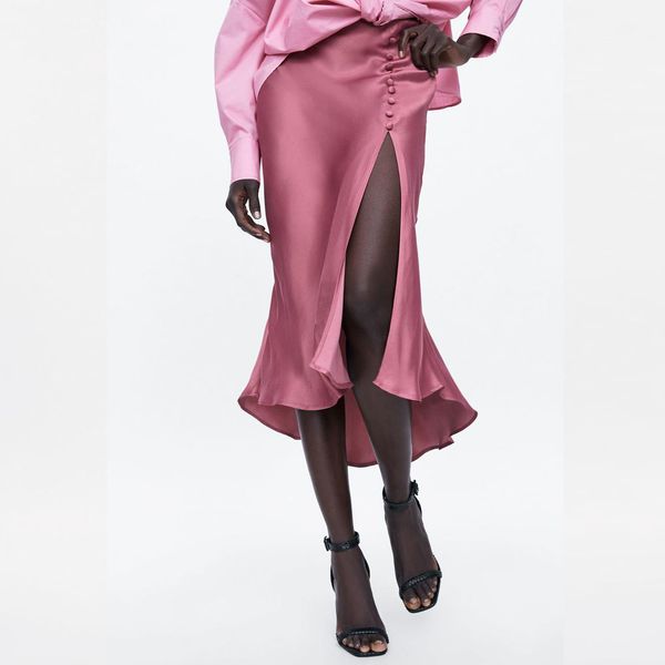 

fashion pink satin light asymmetric women skirt rivet high slit design slim office lady summer casual draped midi vestidos, Black