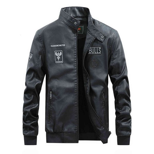 

leather men's large coat stand collar et tough man motorcycle suit, Black