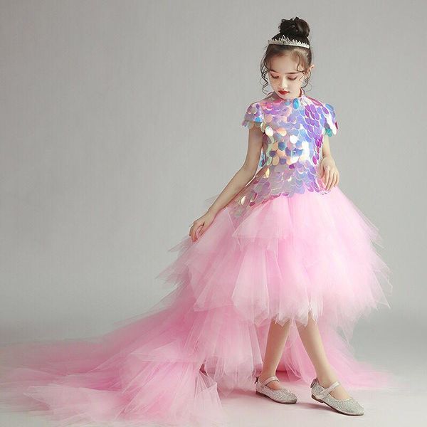 

girl's dresses flower girl illusion elegant high sequined short princess knee-length tulle lace luxury pink cute kids party gown h401, Red;yellow