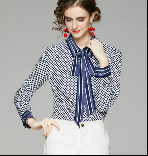 

dot classic print femme womens blouses elegant bow tie drop, White