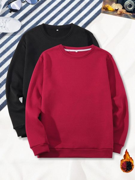 

men 2pcs solid thermal pullover a9ox#, Black