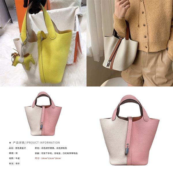 

discount bag new bag color contrast vegetable basket women's bucket spring versatile hand leather purse