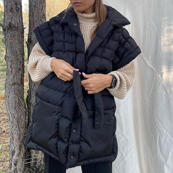 

women's vests conkor fashion solid wide shoulder women elegant covered button coats tie belt collected waisted cotton ladies, Black;white