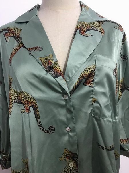 

women's tracksuits women animal leopard satin short shirt pajama suits elastic waist wide leg shorts loose sleeve blouse rayon vintage, Gray
