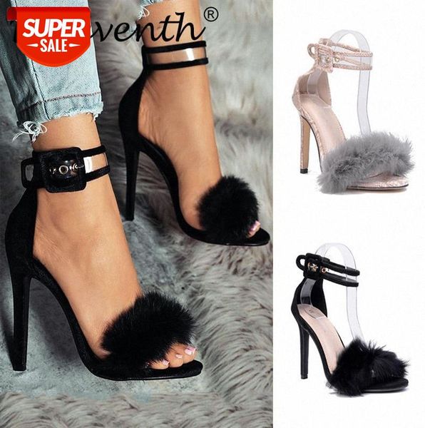 

feather high heels shoes european and american style rabbit fur sandals with women's #q34k, Black