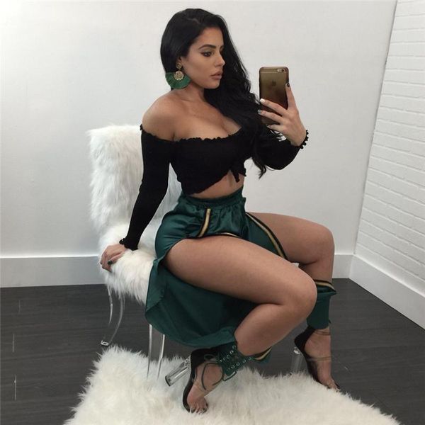

women's pants & capris uhhfuyf spring arrival satin trousers women high waist split womens clothing green color tie up sweatpants, Black;white