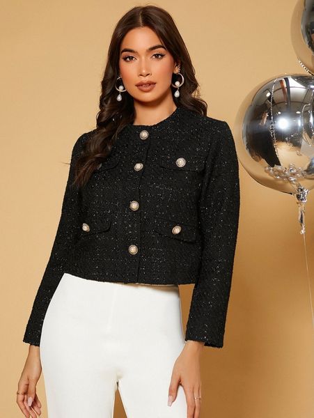

button front tweed crop overcoat d0oj#, Black