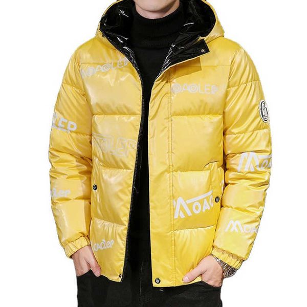 

men's cotton winter jacket, men's hooded padded youth shiny waterproof korean fashion, Black