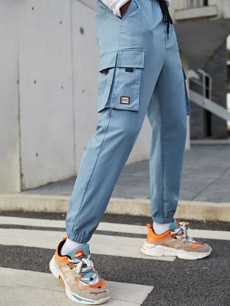 

men flap pocket drawstring waist carrot pants b9kq#, Black