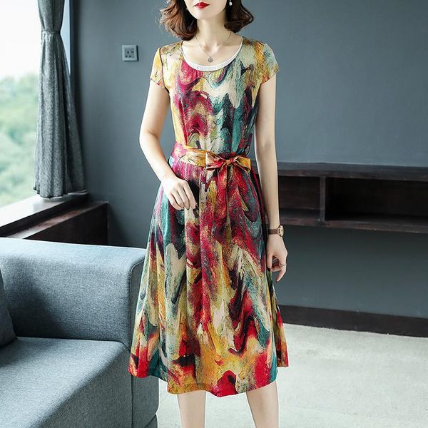 

casual dresses summer women vintage print mulberry silk dress 2021 4xl plus size short sleeve bodycon midi elegant party vestidos, Black;gray