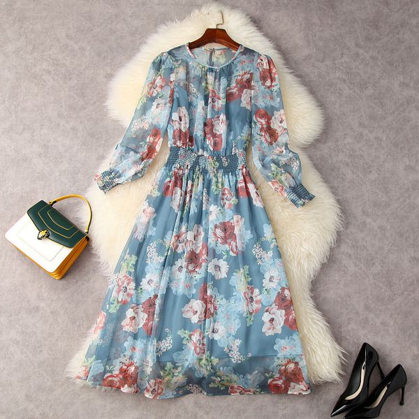 

european and american women's wear for summer 2021 long sleeved flower print fashion elastic-waisted pleated dress, Black;gray