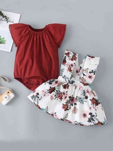 

baby girl romper & floral print pinafore skirt she, Blue