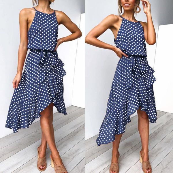 

casual dresses women polka dot print irregular hem waist belt sleeveless halter midi dress dress1 me7n, Black;gray