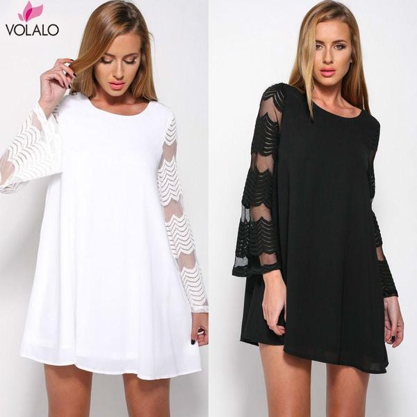 

women's spring summer chiffon cold shoulder tunic swing t-shirt loose dress long-sleeved o neck mini dresses plus size casual, Black;gray