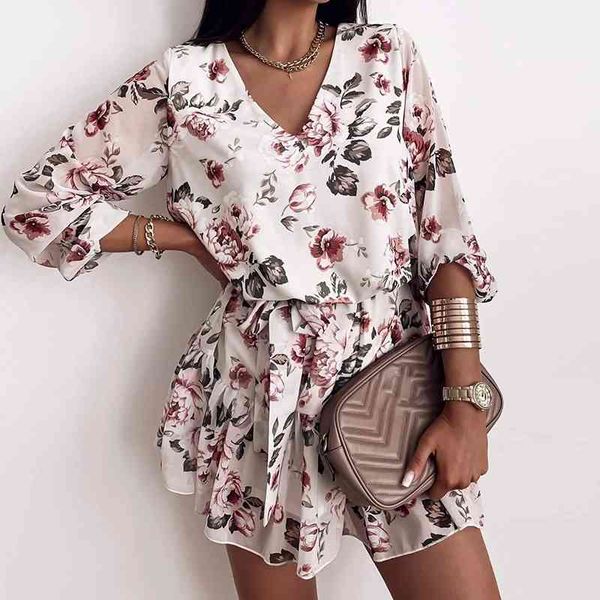 

casual dresses spring women's v neck flower print long sleeve short a line female bohemian leisure slim party vestidos 07os, Black;gray