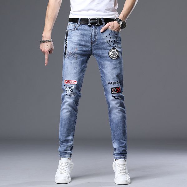 

loose stretch jeans mens fashion drill leggings street print slim fit jeans, Blue