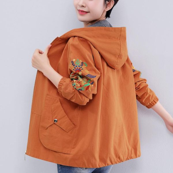 

women's trench coats spring autumn middle-aged women jacket coat embroidered short hooded overcoat plus size 4xl cotton windbreakers fe, Tan;black