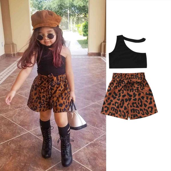 

1 6y fashion kids girls summer clothes sets 2pcs solid off shoulder sleeveless strap leopard shorts outfit, White