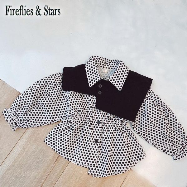 

spring autumn girls blouse + waistcoat baby shirt kids children clothes fashion stretchable waist dot ruched 1 to 7 yrs clothing sets, White