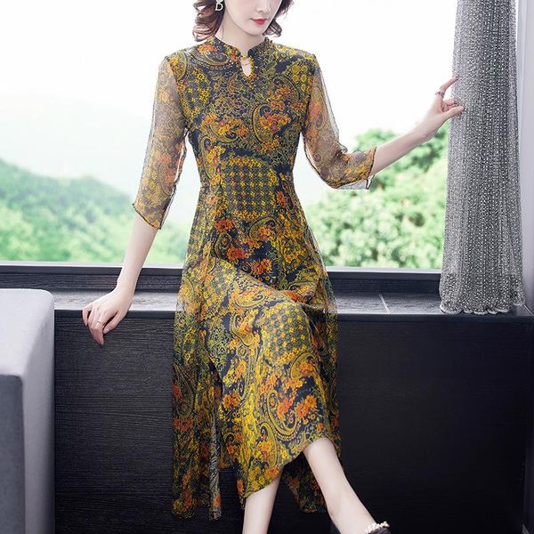 

luxury printed elegant ladies faux silk dress spring summer vintage 3/4 sleeve fashion party dresses mid-long plus size vestidos casual, Black;gray