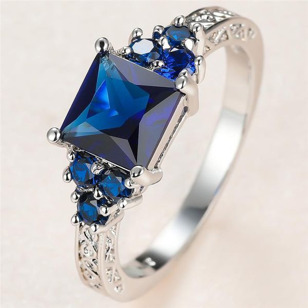 

luxury female blue crystal stone ring charm silver color wedding rings for women vintage bride square zircon engagement, Slivery;golden