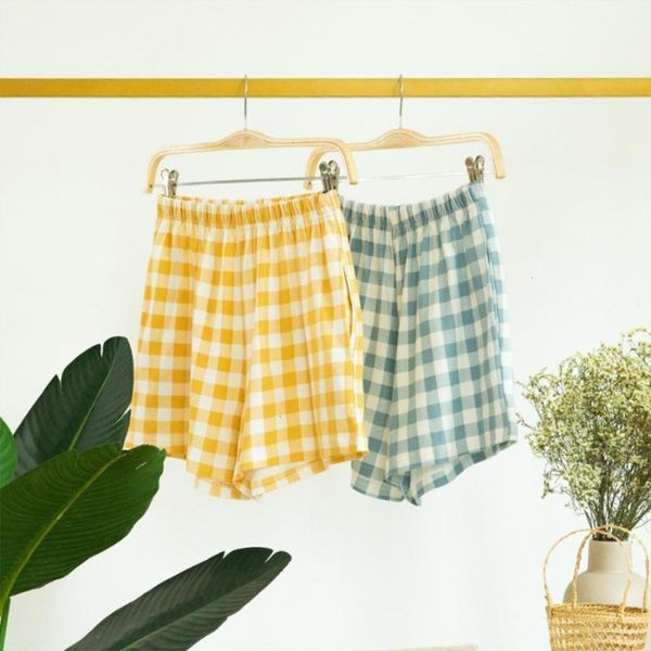 

women's sleepwear women plaid shorts pajamas summer cotton japanese style simple elastic waist casual large size lattice ladies home pa, Black;red