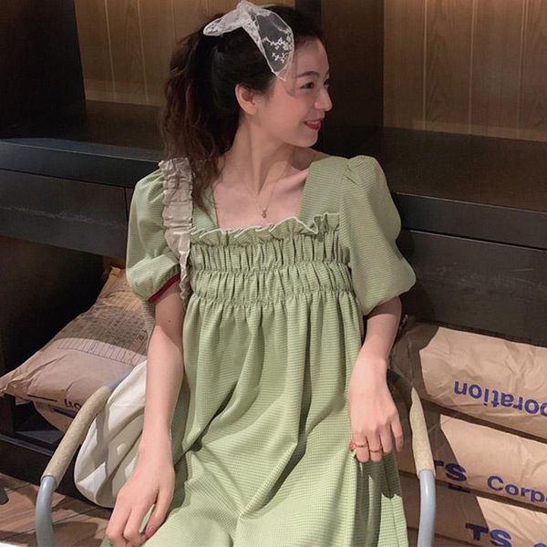 

casual dresses 2021 summer women green plaid mini dress short sleeve square neck loose pullover harajuku kawaii ladies elegant, Black;gray