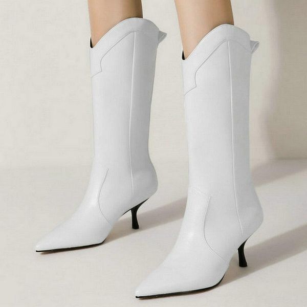 

boots black white brown women knee high fashion pointed toe thin heel ladies calf faux leather quality women's