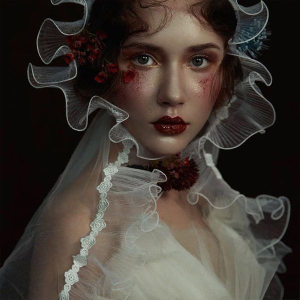 

new white lace vintage lolita flower veil cosplay headwear costume accessories elegant bridel wedding veil headdress, Golden;white
