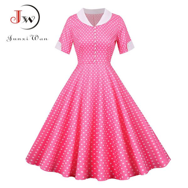 

women summer dress slim short sleeve polka dot print high waist vintage elegant office party midi sundress robe plus size 210510, Black;gray