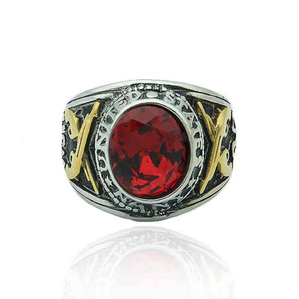 

us army titanium steel ring red zircon retro men's ring