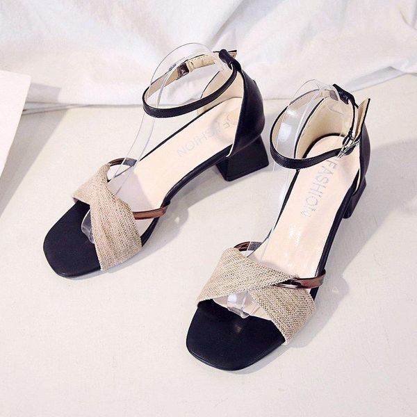 

sandals korean thick heel women 2021 summer fashion trend gentle fairy style buckle high heels shoes, Black