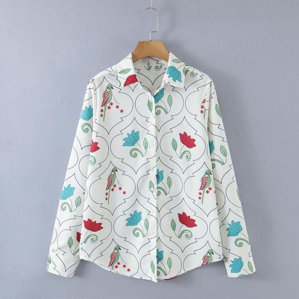 

women's blouses & shirts women birds print casual loose blouse female long sleeve turn down collar fashion office lady blusas mujer, White