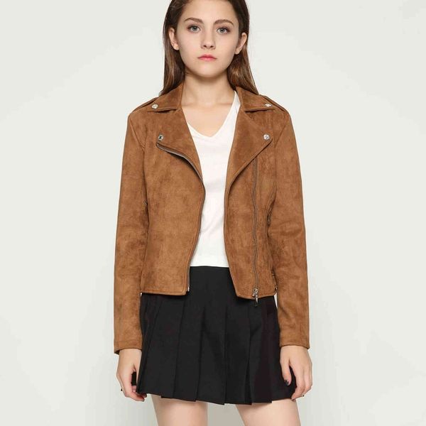 

autumn and winter new lapel inclined zipper leather women's short suede et, Black;brown