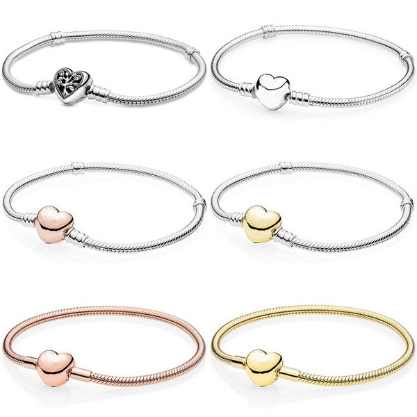 

new 925 sterling silver signature family tree heart clasp snake chain bracelet for pandora bangle bead charm diy jewelry, Golden;silver