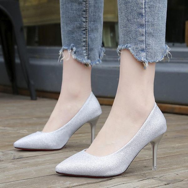 

dress shoes 2021 spring women pumps high thin heels pointed toe metal decoration bling bridal wedding gold, Black