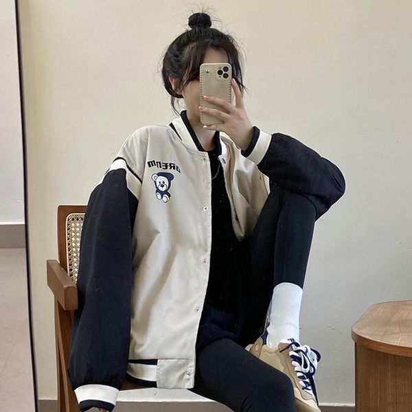 

women's jackets american bear baseball jacket autumn and winter 2021 versatile loose top, Black;brown