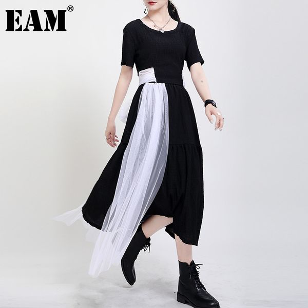 

[eam] women black mesh bow backless spliced dress round neck short sleeve loose fit fashion spring summer 1dd8148 210512, Black;gray