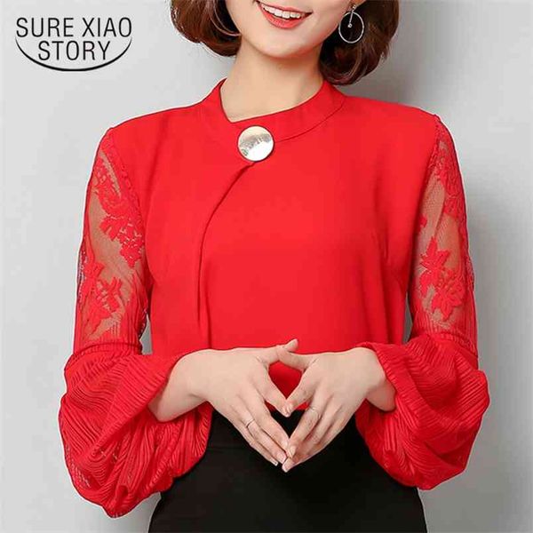 

fashion casual chiffon shirt women blouse long sleeve hollow lace female clothing blusas d833 30 210506, White