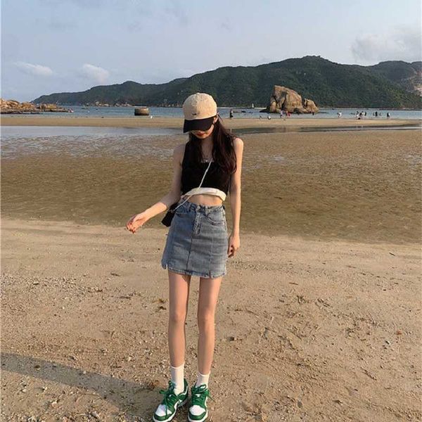 

women's jeans short skirt summer high waist a-line, Blue